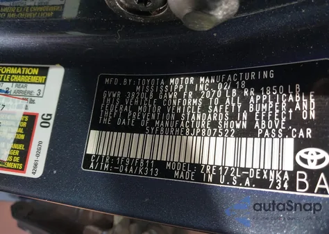 2018 Toyota Corolla Le from USA, damaged, VIN 5YFBURHE8JP807522